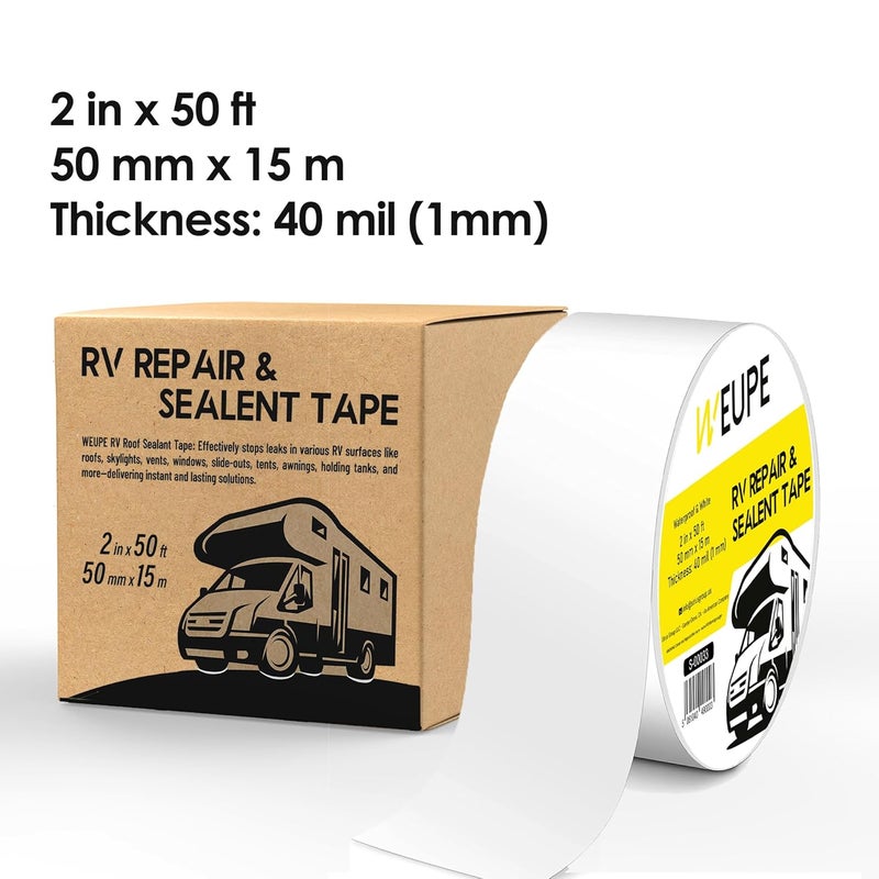 WEUPE RV Sealant Tape, White, 2 Inch x 50 Feet, Roof Patch Repair Tape, Roofing Tape for RV, Waterproof Leak Tape for RV puncture, Boat Sealing, Awning, Canopy, Tents, Camper, Greenhouse and Tarpaulin - Image 5
